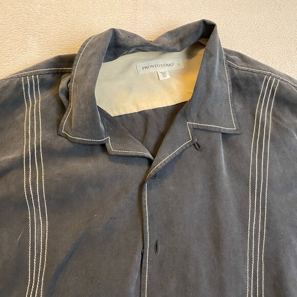 Pronto Uomo Mens Shirt Large Short Sleeve Gray Casual Button-Up Striped Travel - Picture 6 of 8